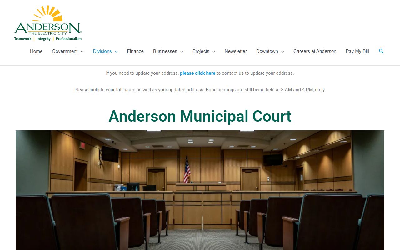 Anderson Municipal Court page showing court records, bond court, and case guidelines