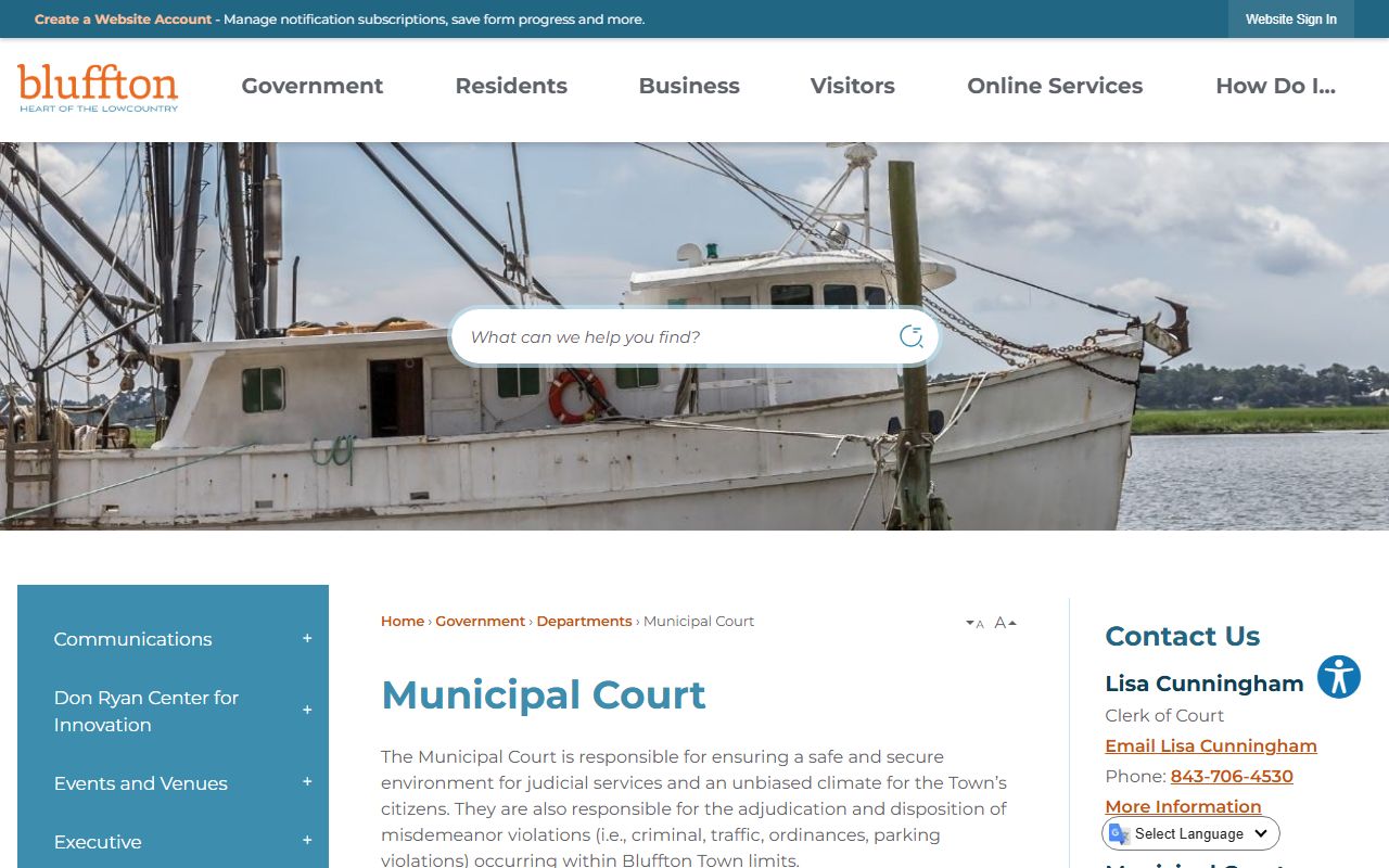Bluffton Municipal Court page showing court records, payment options, and contact details