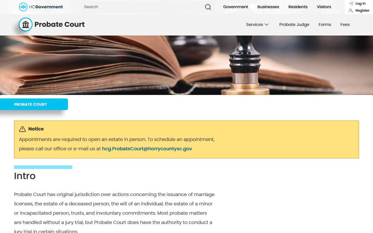 Horry County Probate Court page for Carolina Forest court records and estate filings