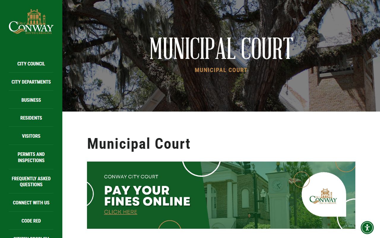 Conway Municipal Court official page showing court records, procedures, and contact details