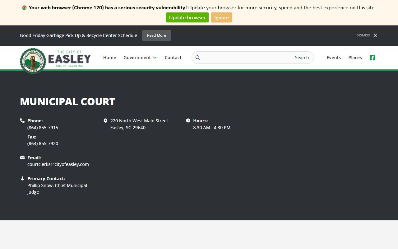Easley Municipal Court page showing court records, payment options, and contact information