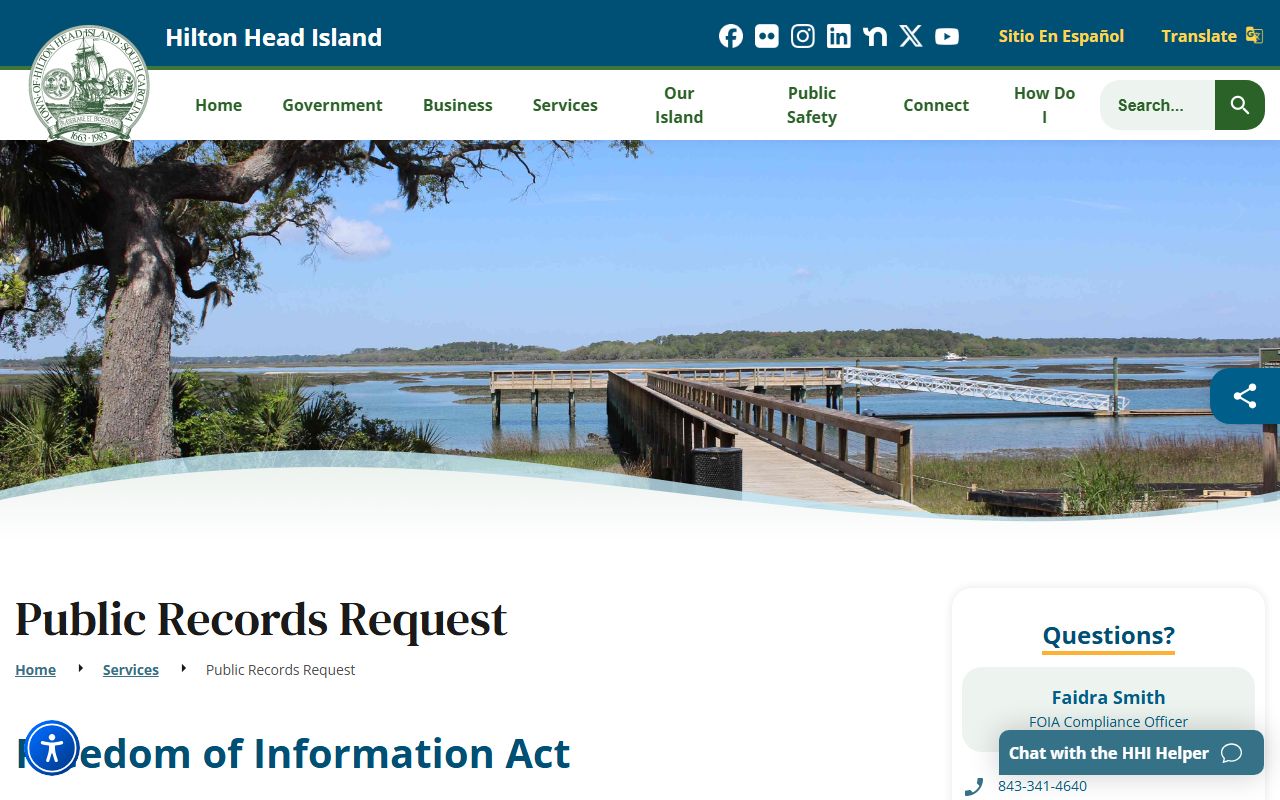 Hilton Head Island FOIA services page for public records requests and court records access