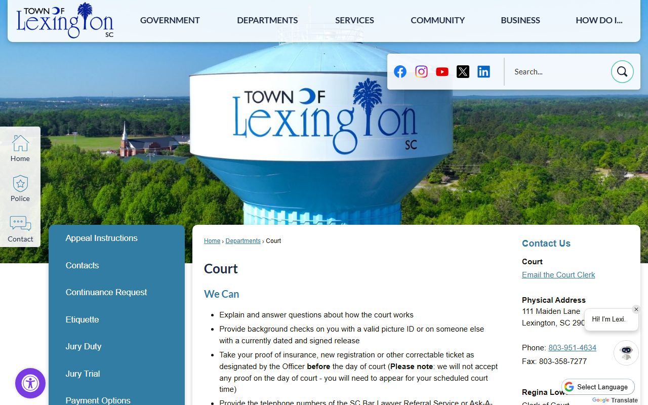 Lexington city municipal court page showing court records, payment options, and contact information