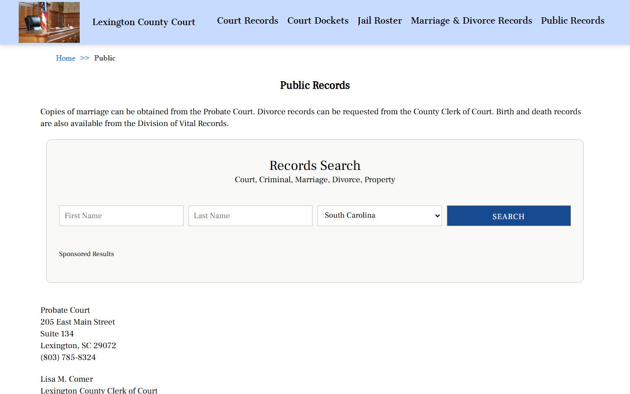 Lexington County public records page for searching Lexington court records online and in person