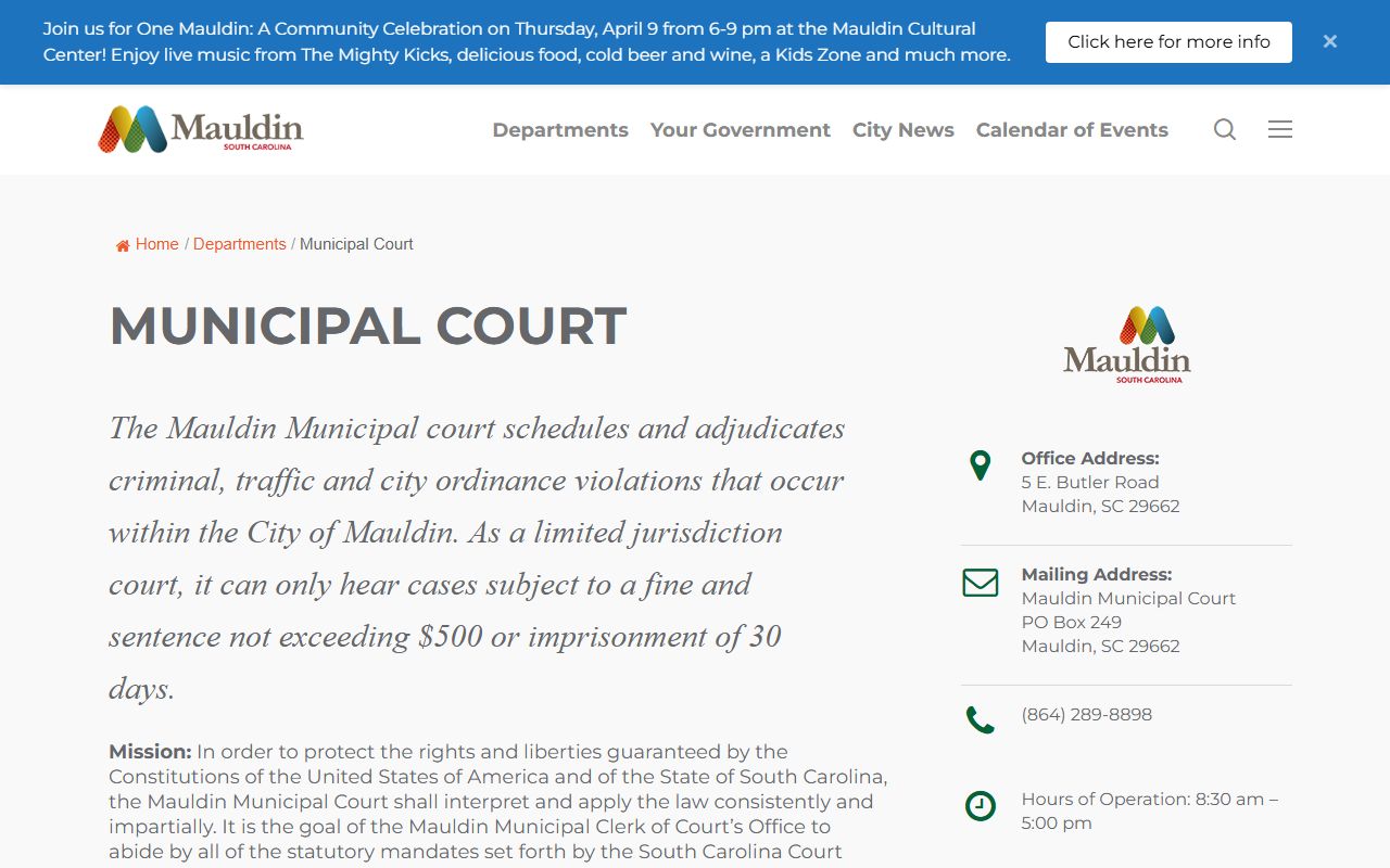 Mauldin Municipal Court official page showing court records, programs, and contact details