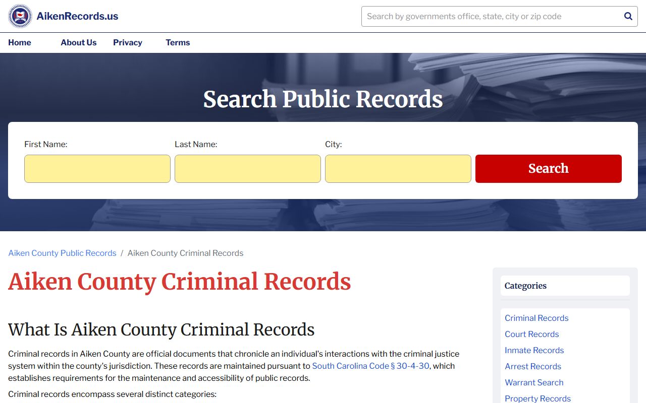 North Augusta criminal records page showing how to access Aiken County court records