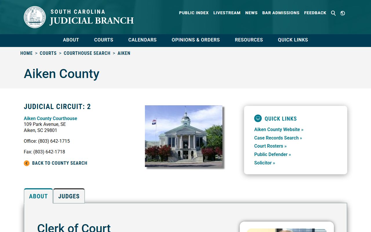 Aiken County courthouse search page showing North Augusta court records and court locations