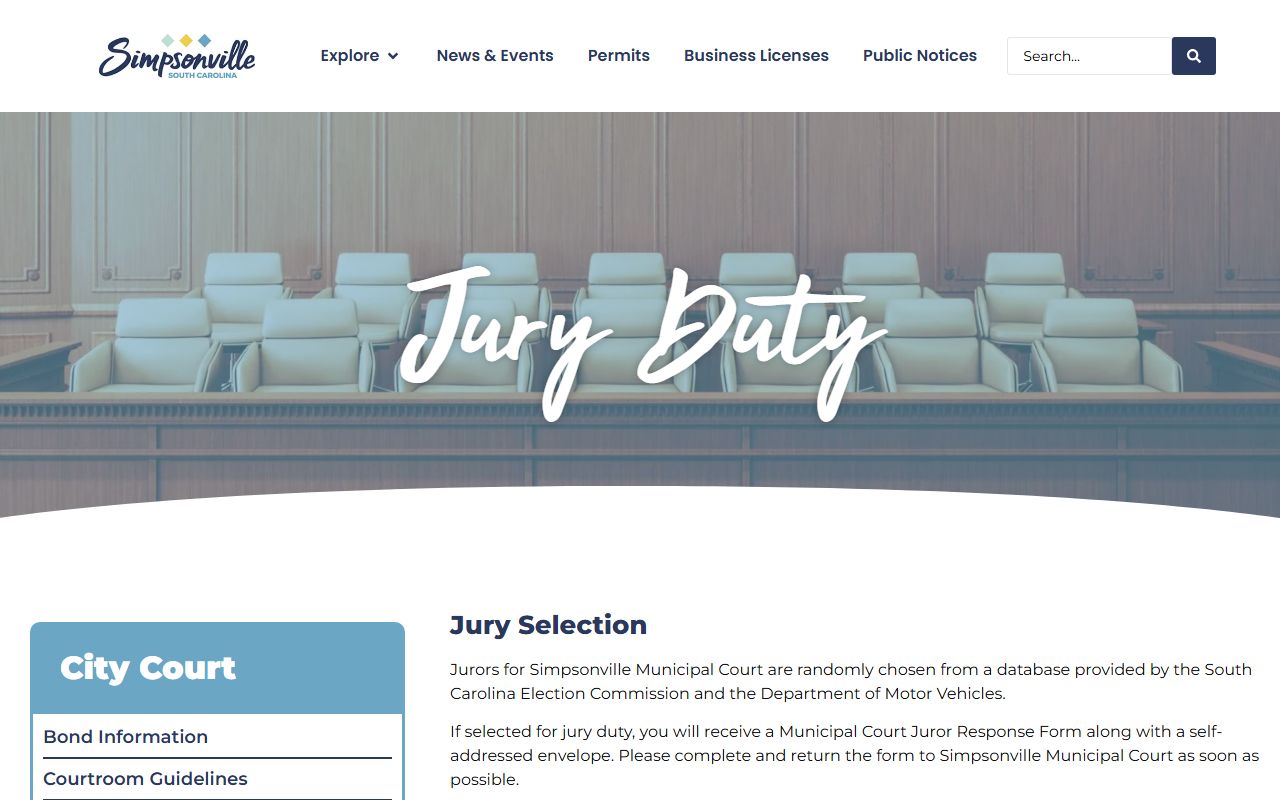 Simpsonville jury duty information page related to municipal court records and civic participation