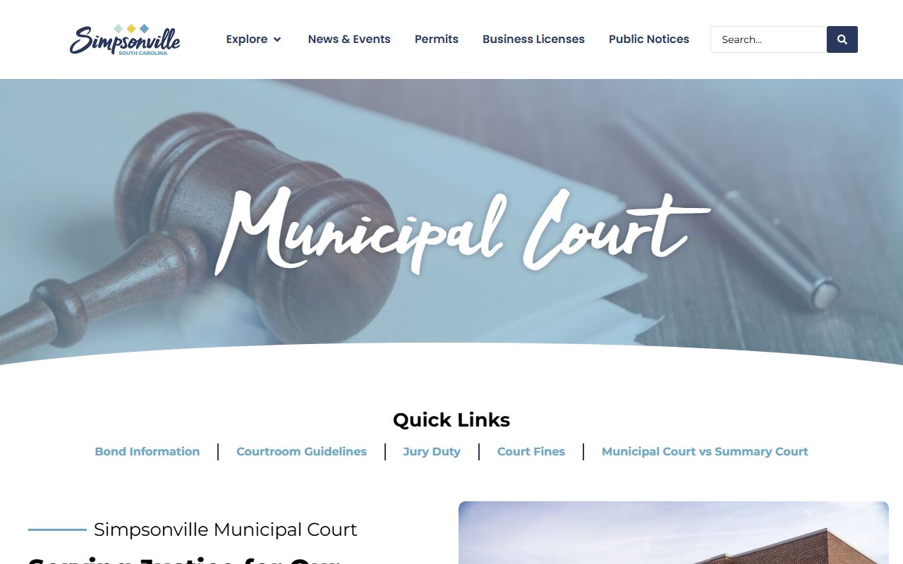 Simpsonville Municipal Court official page showing court records, contact details, and procedures