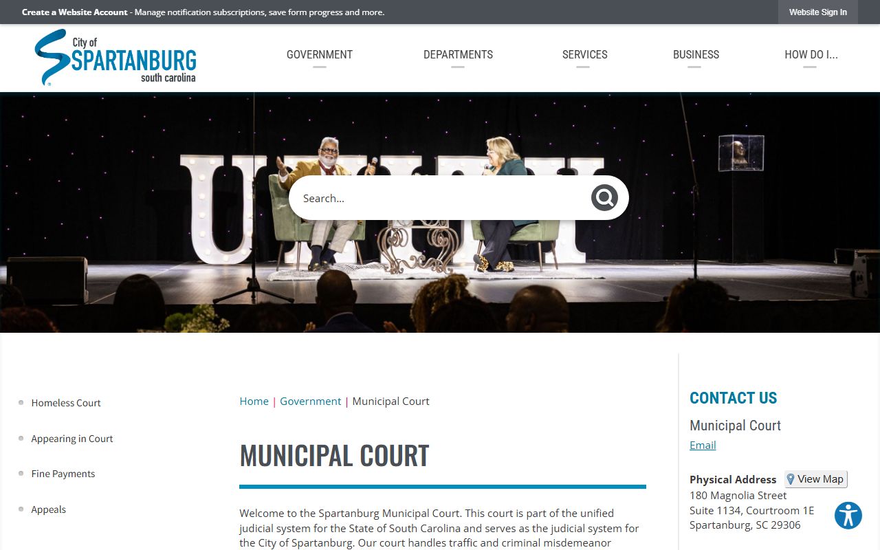 Spartanburg Municipal Court official website showing court records and location information