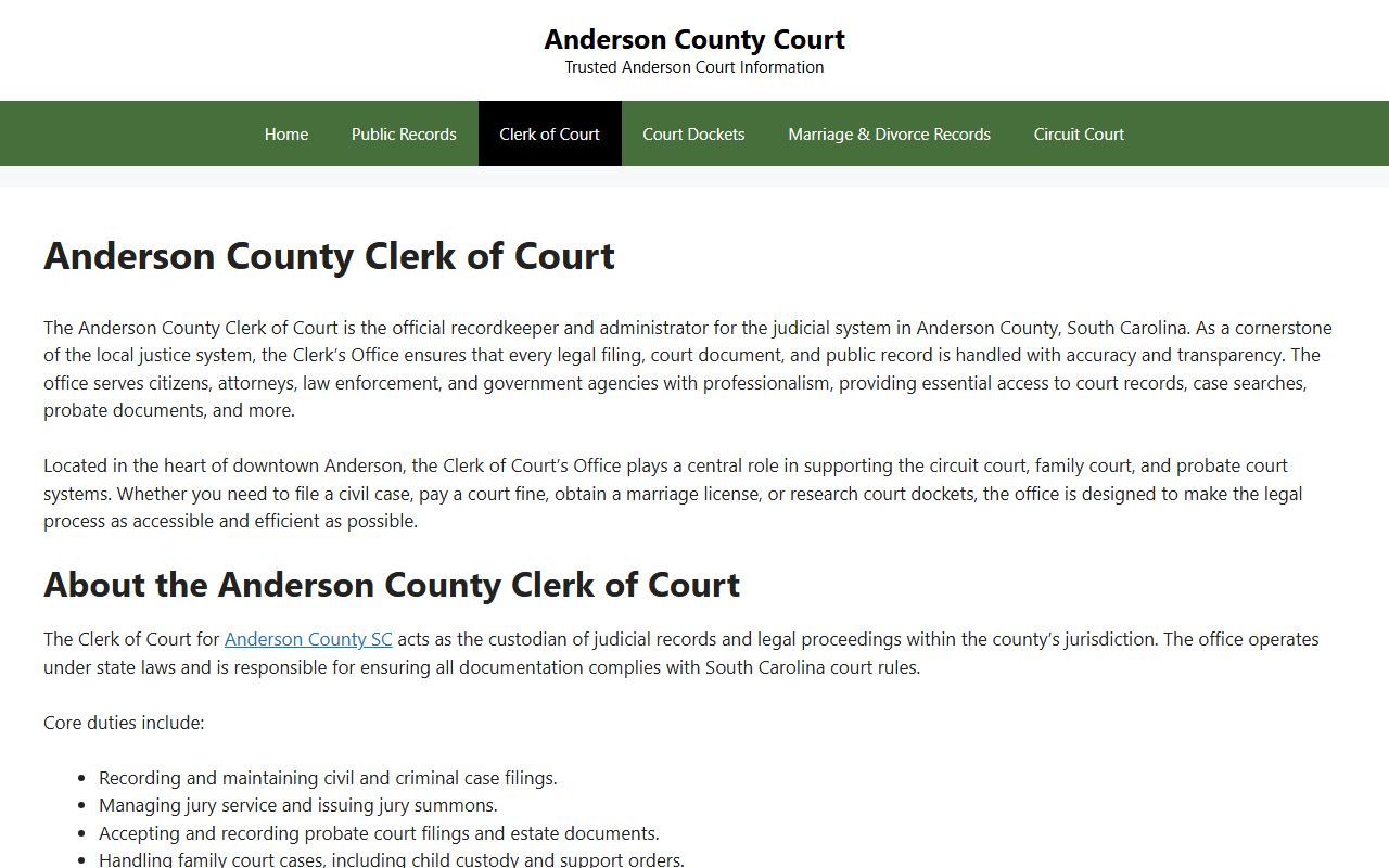 Anderson County Clerk of Court office responsible for county court records