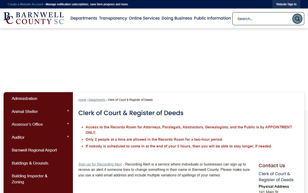 Barnwell County Clerk of Court and Register of Deeds office managing court records