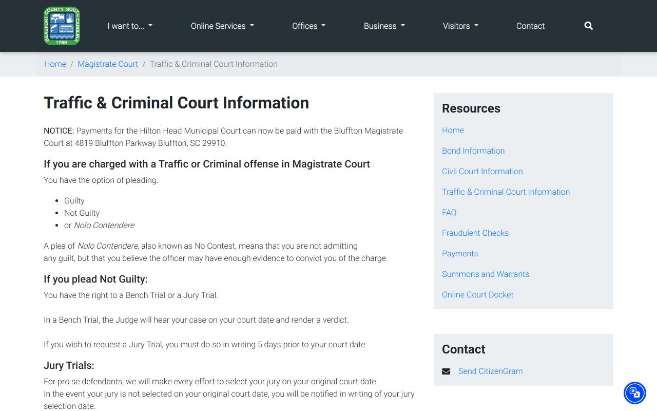 Beaufort County Magistrate Court information for traffic and criminal cases