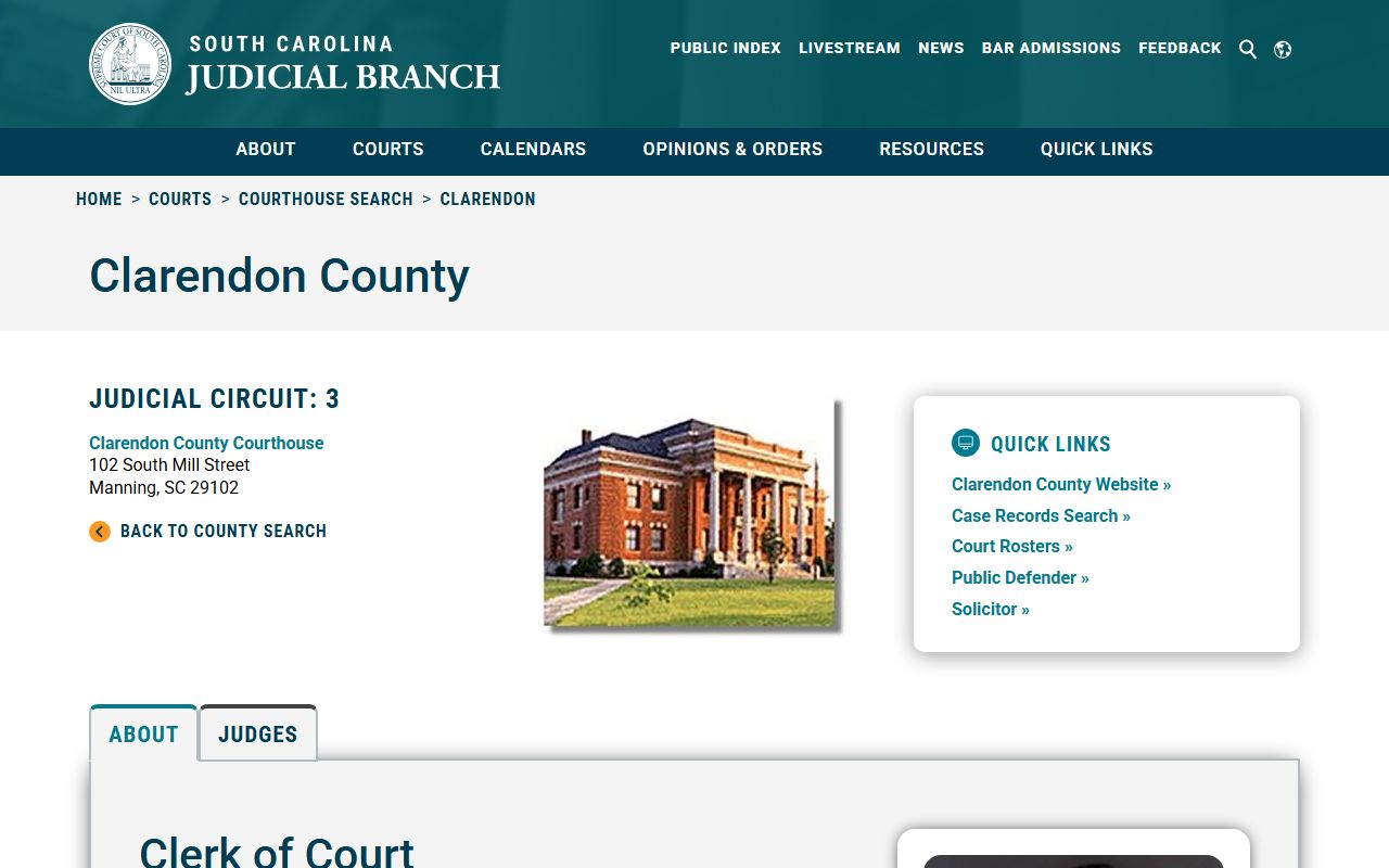 Clarendon County court records listing from the South Carolina Judicial Branch