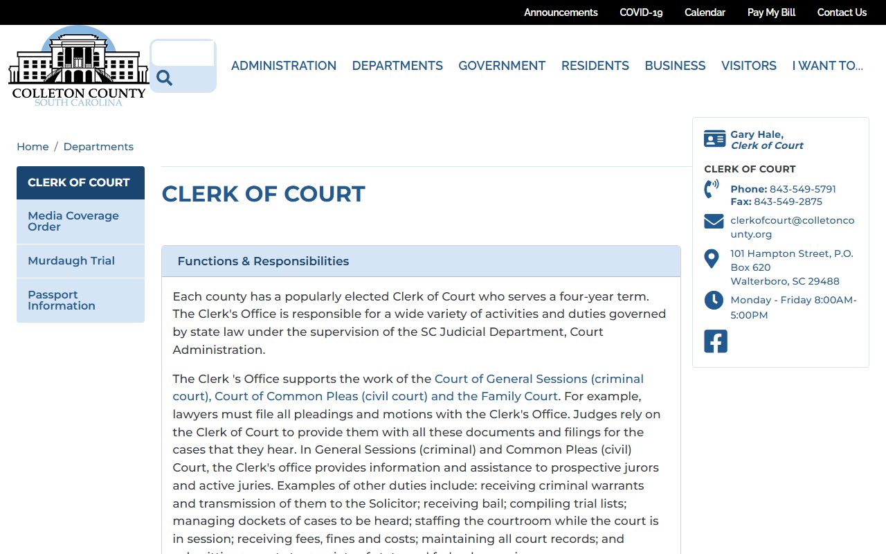 Colleton County Clerk of Court website for Colleton County court records in Walterboro SC