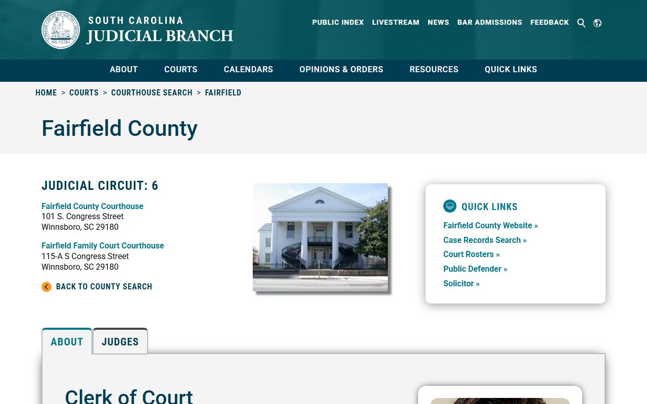 SC Judicial Branch Fairfield County clerk page for court records