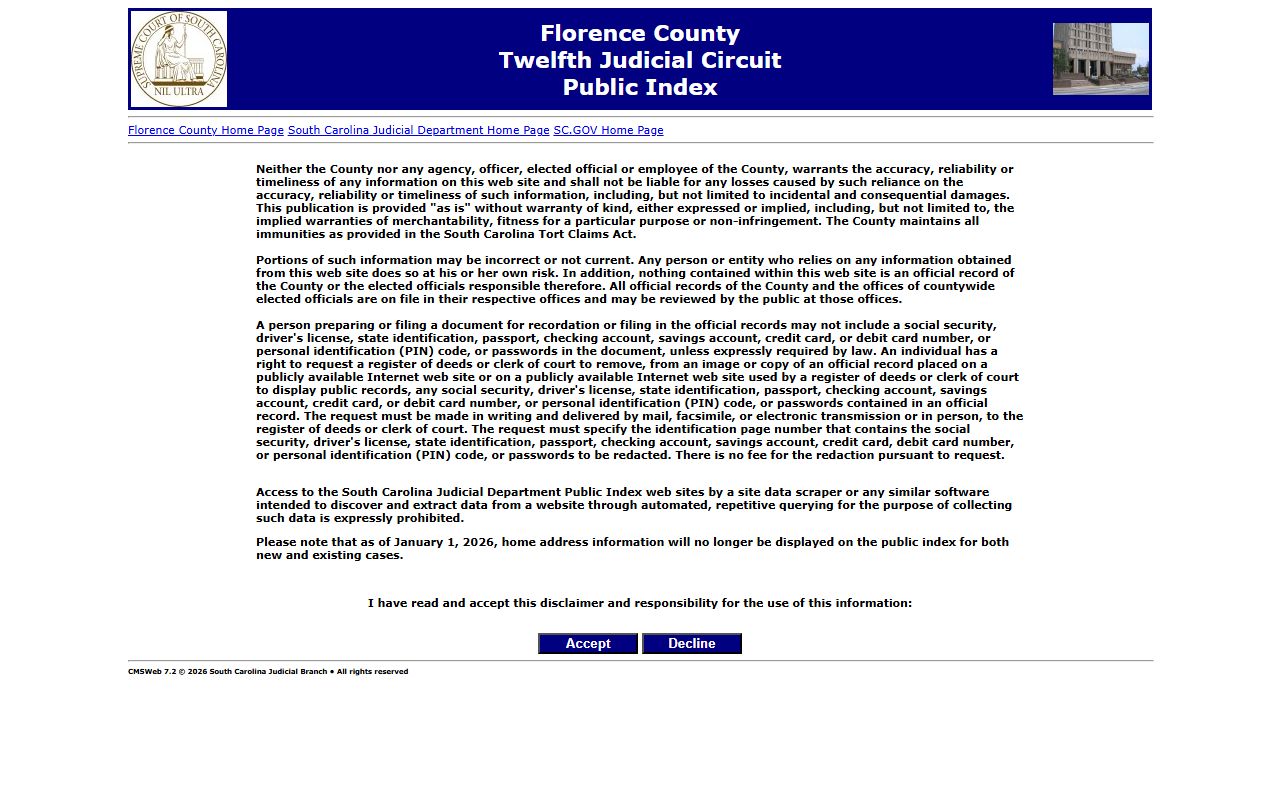 Florence County Public Index portal for court records search