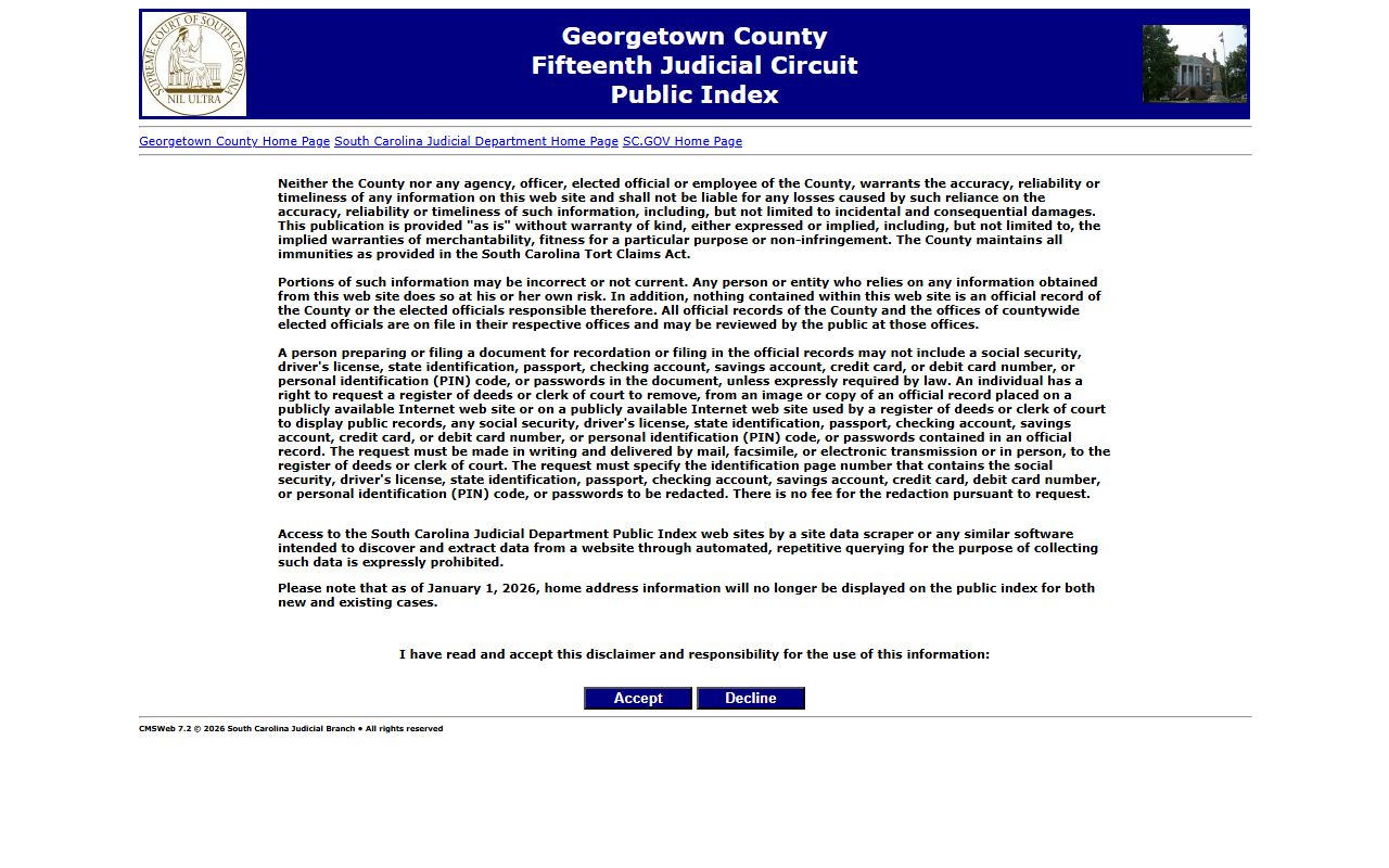 Georgetown County Public Index case search portal for court records