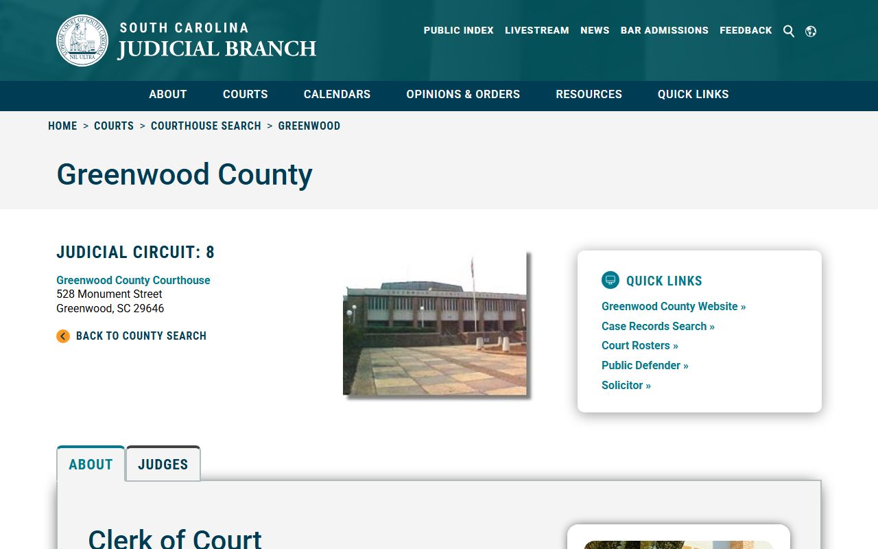 SC Judicial Branch Greenwood County clerk directory for court records