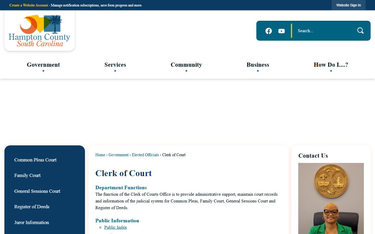 Hampton County Clerk of Court page for court records access