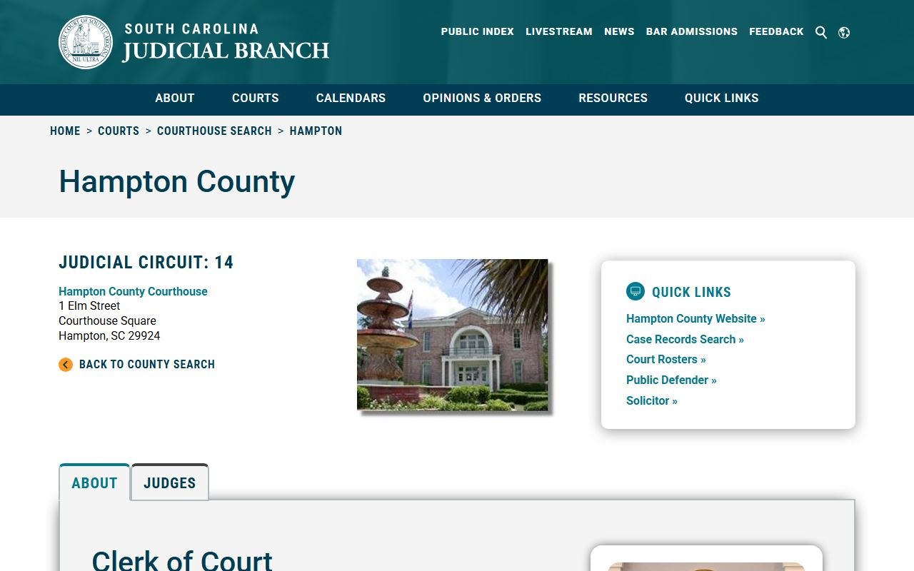 SC Judicial Branch Hampton County clerk directory for court records