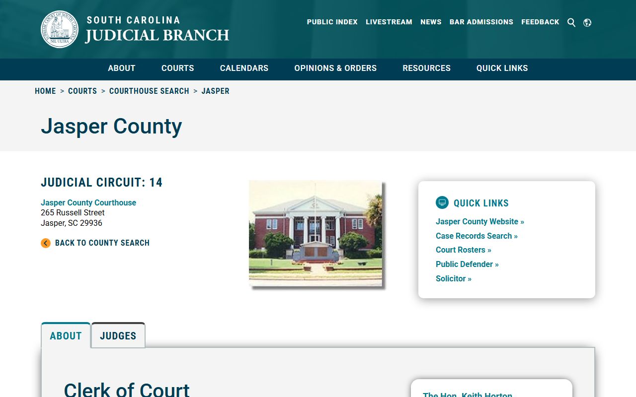 Jasper County Clerk of Court page on SC Judicial Branch for court records