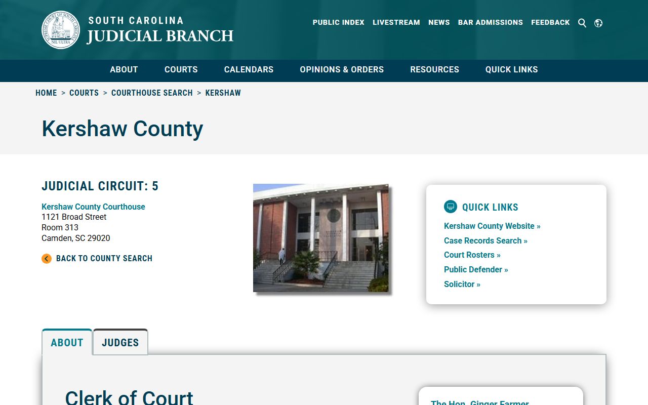 Kershaw County Clerk of Court page on SC Judicial Branch for court records