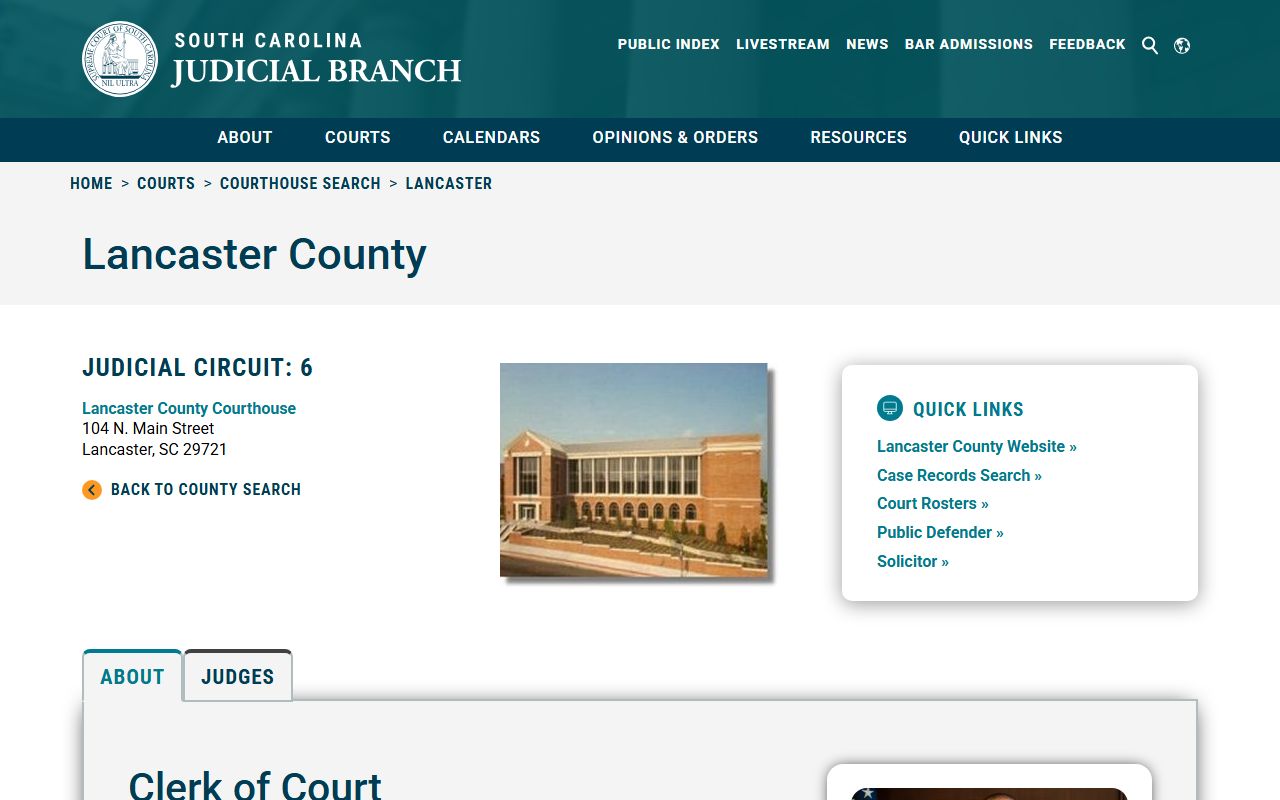 Lancaster County Clerk of Court page on SC Judicial Branch for court records