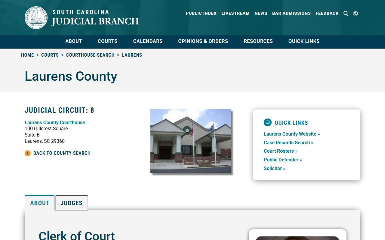 Laurens County Clerk of Court page on SC Judicial Branch for court records