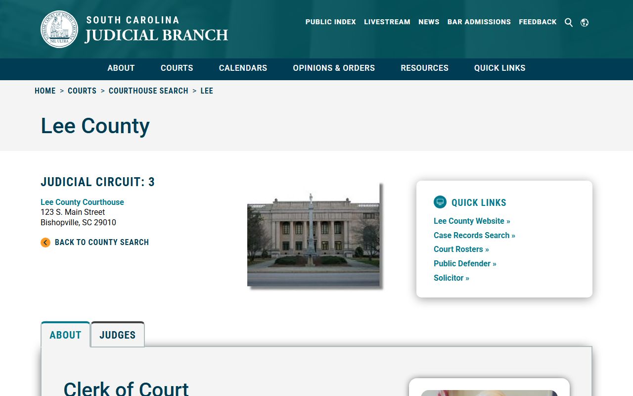 Lee County Clerk of Court page on SC Judicial Branch for court records