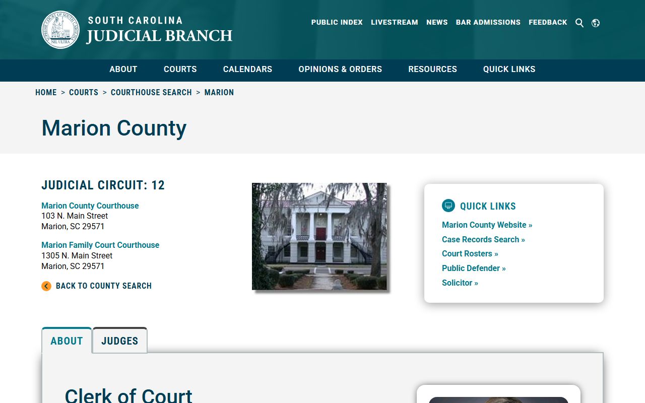 Marion County Clerk of Court page on SC Judicial Branch for court records