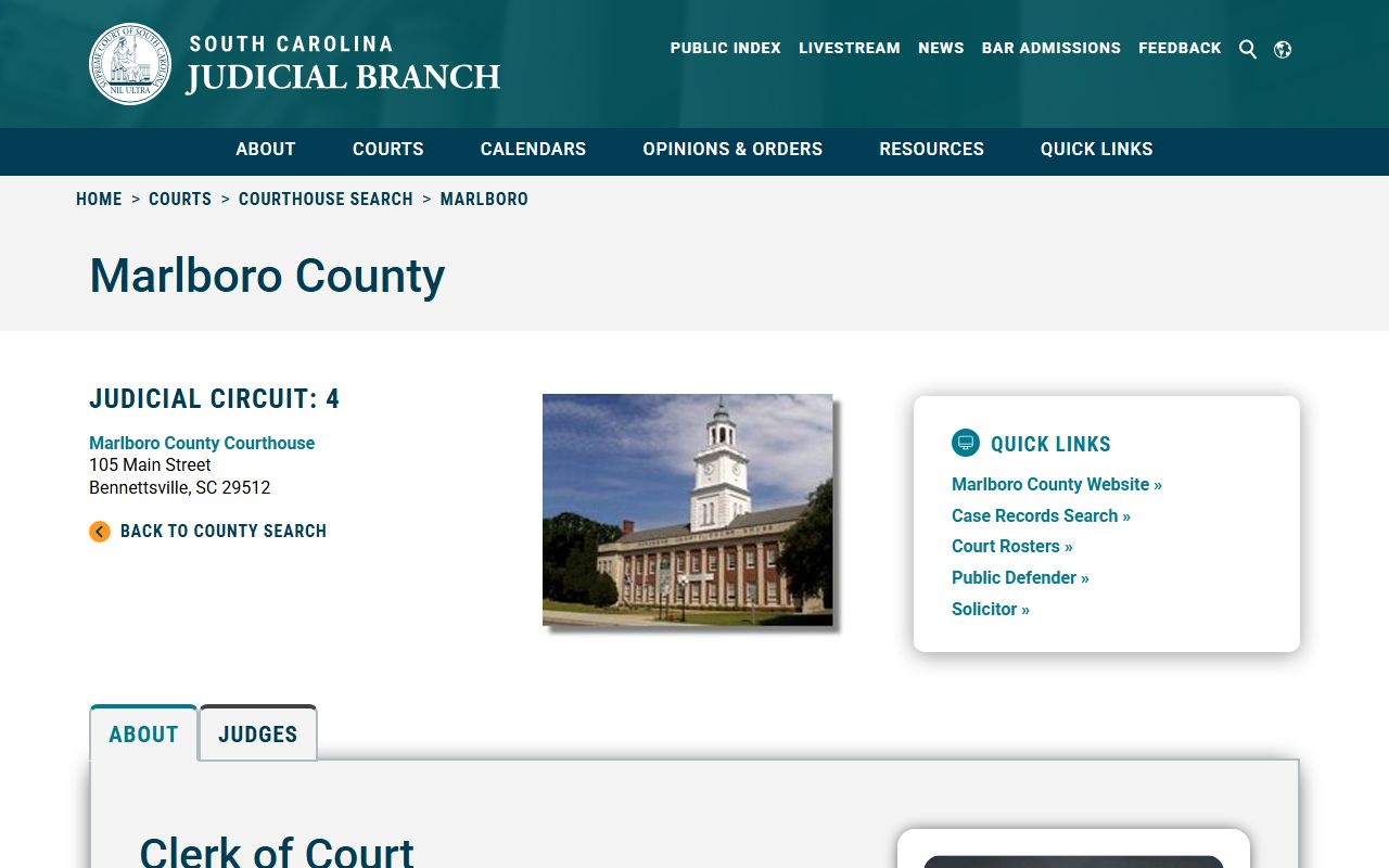 Marlboro County Clerk of Court page on SC Judicial Branch for court records