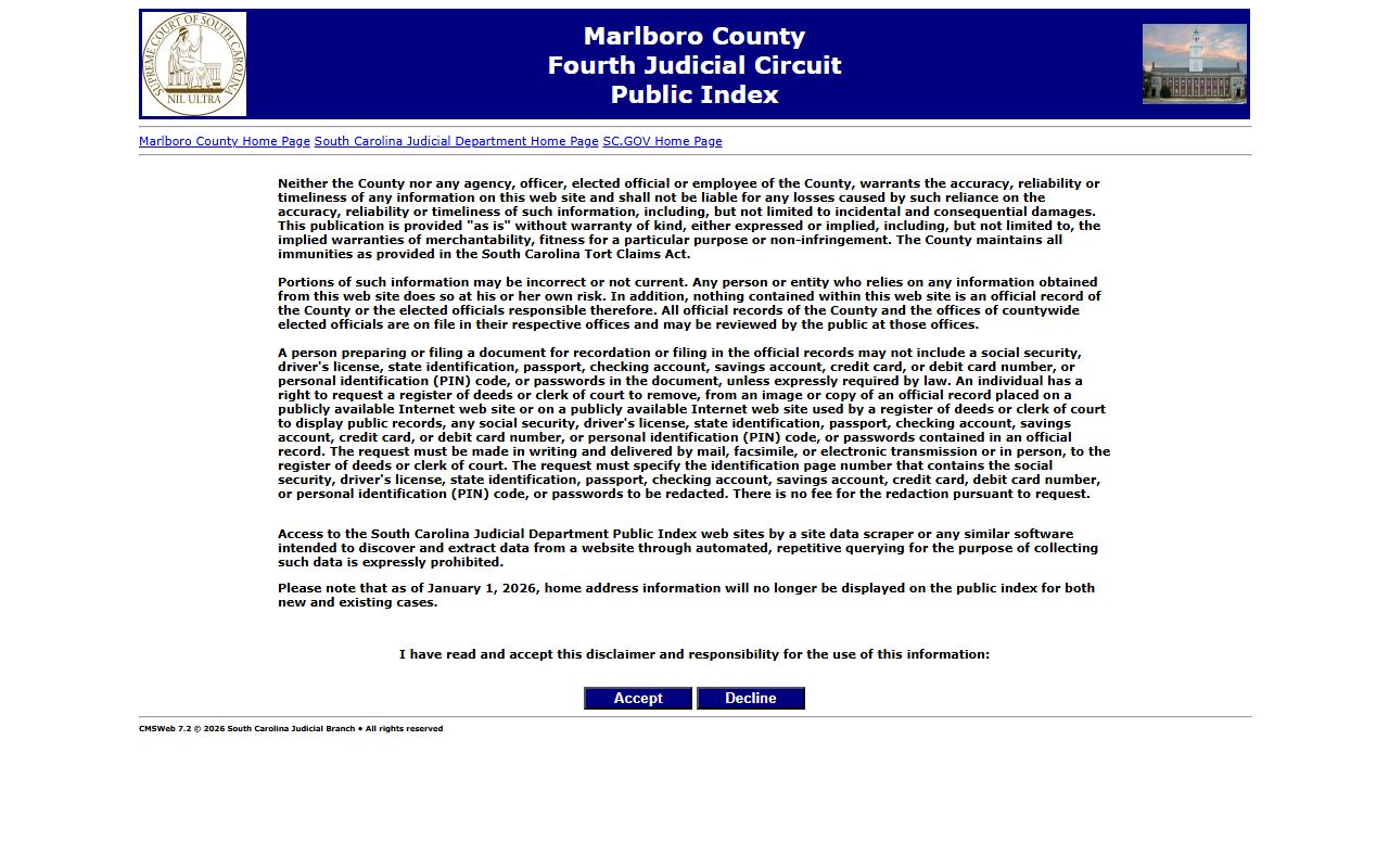 Marlboro County Public Index page for searching court records online