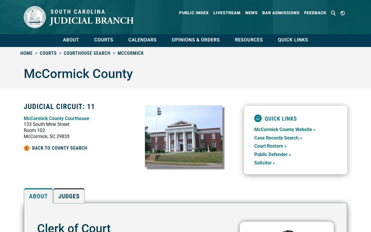 McCormick County Clerk of Court page on SC Judicial Branch for court records