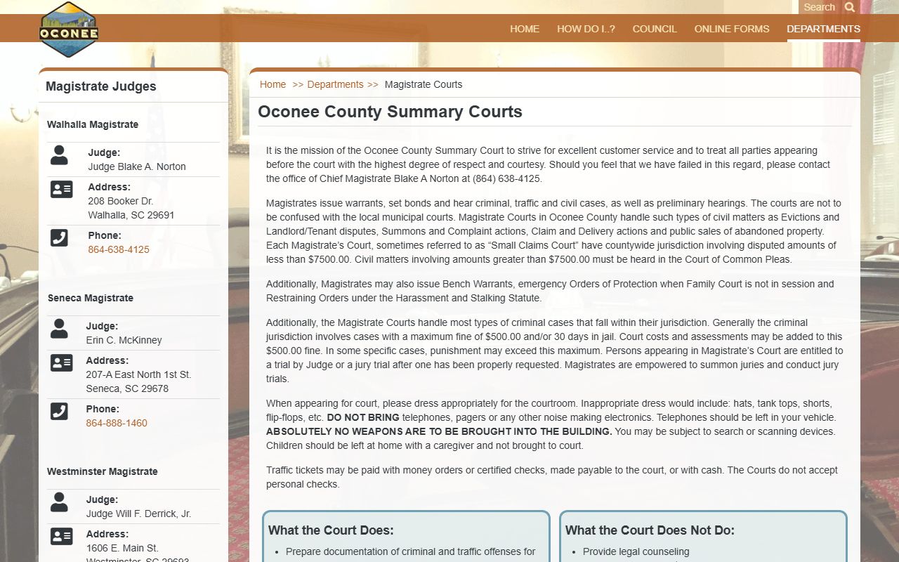 Oconee County Magistrate Courts information for court records in Oconee SC