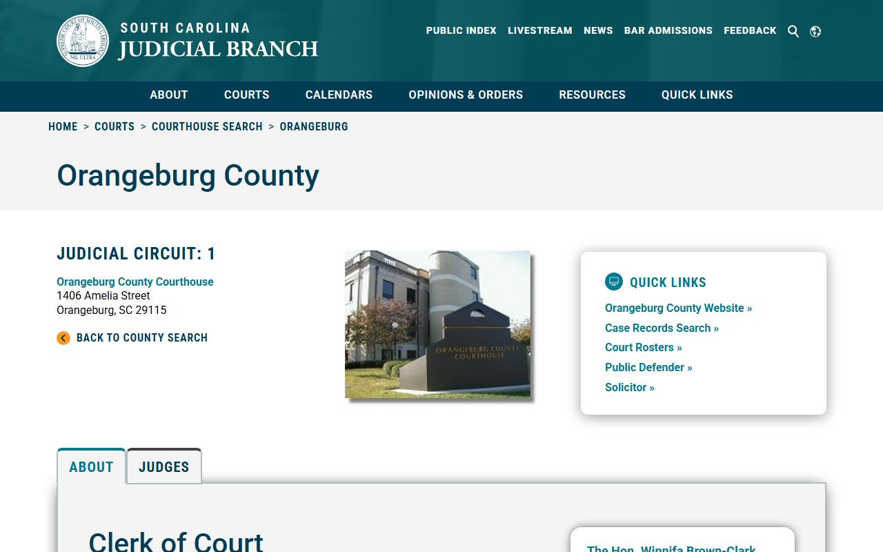 Orangeburg County Clerk of Court office listing on SC Judicial Branch website