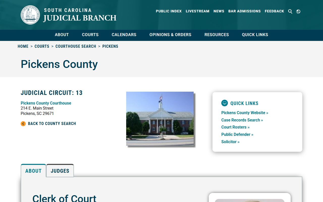 Pickens County Clerk of Court listing on SC Judicial Branch directory