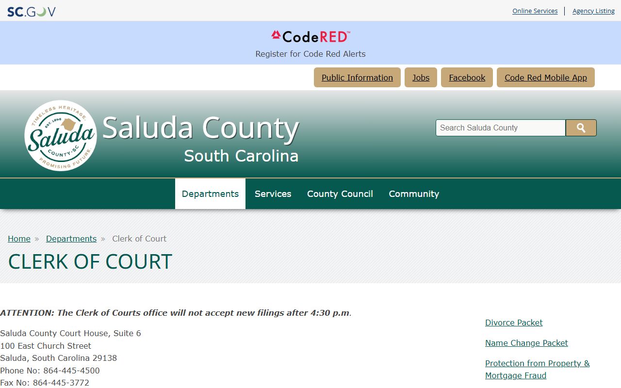 Saluda County Clerk of Court official website for court records in Saluda SC