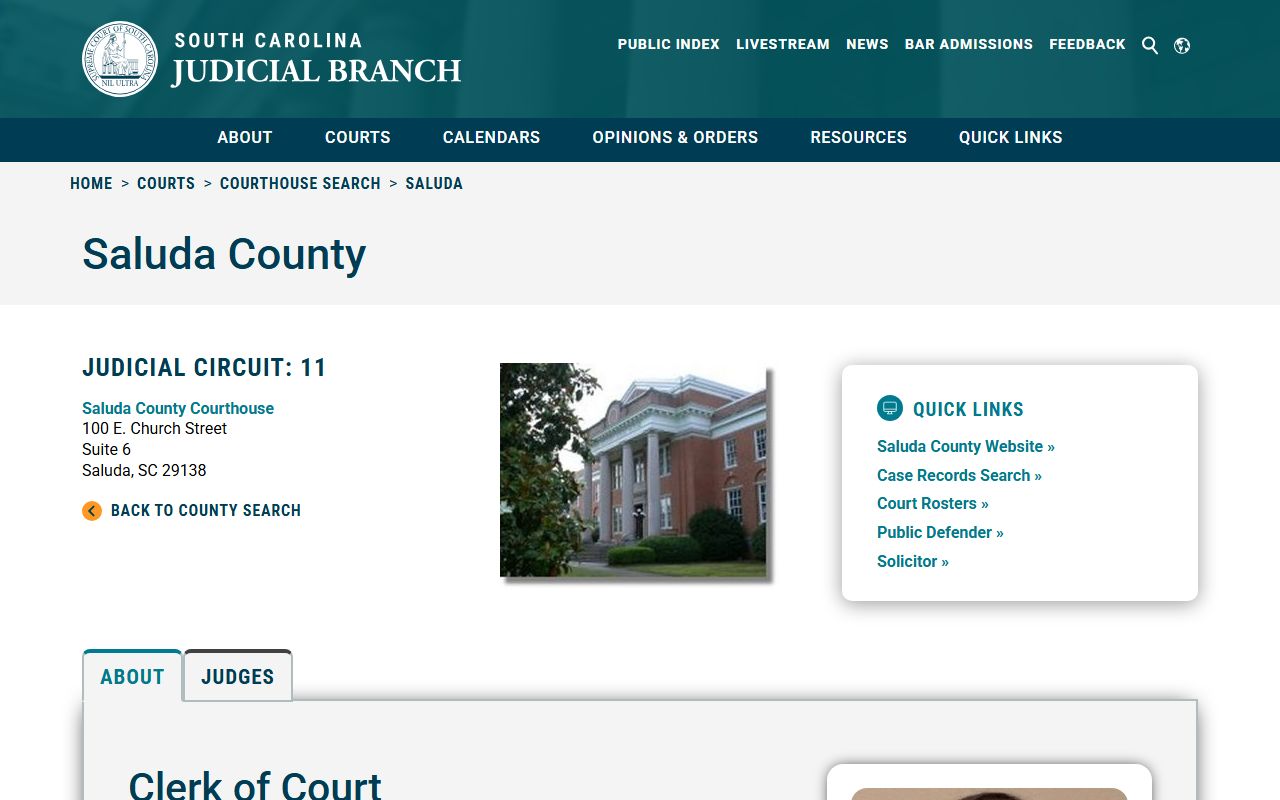 Saluda County court information page on the SC Judicial Branch website