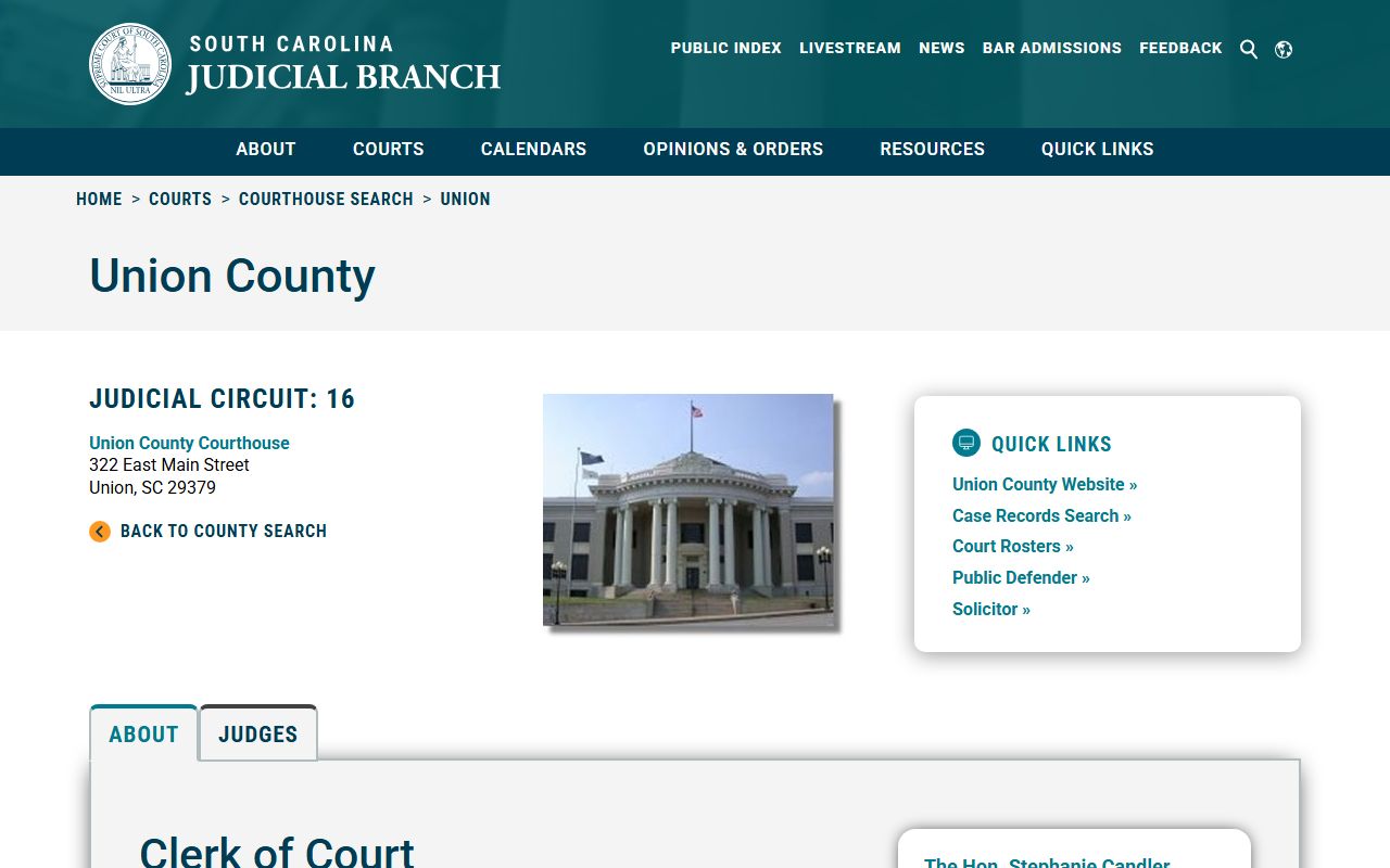 Union County court information page on the SC Judicial Branch courthouse search site