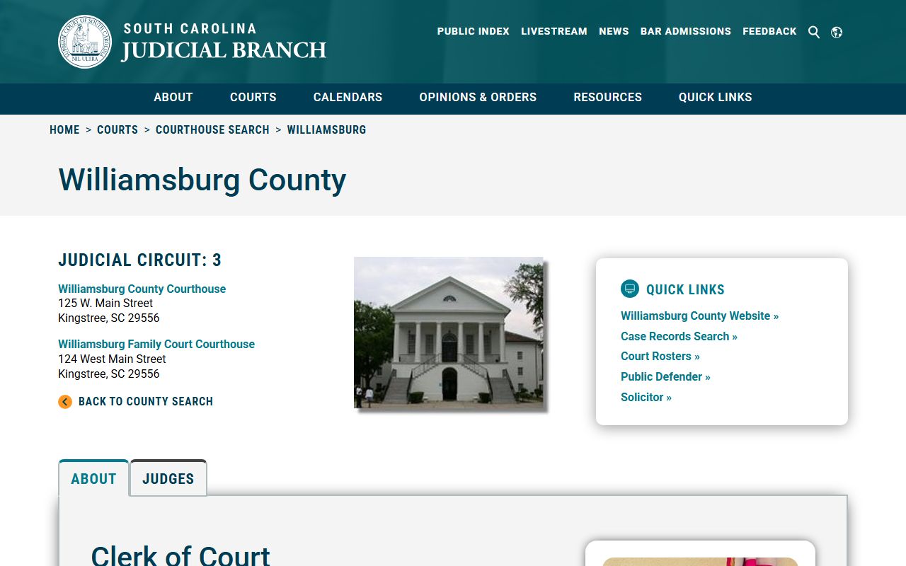 Williamsburg County Clerk of Court entry on the SC Judicial Branch clerk directory