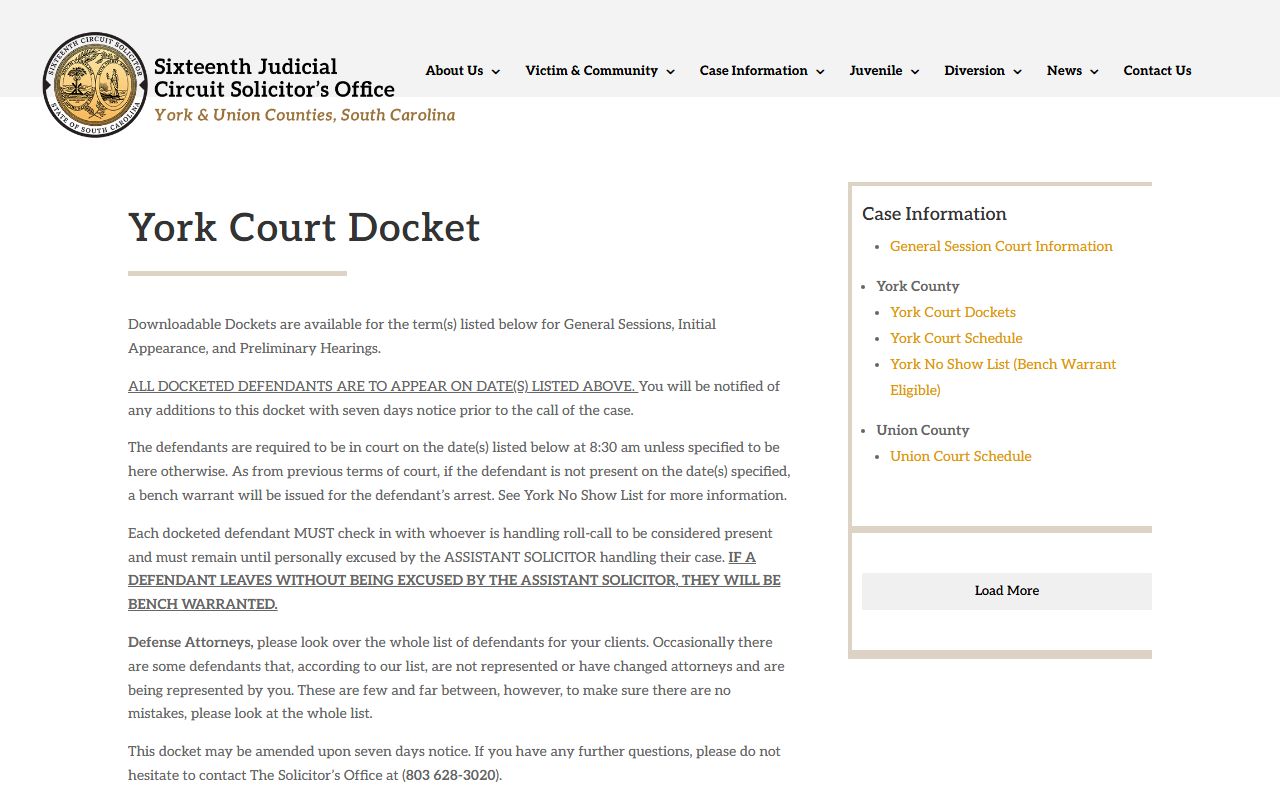 York County court docket information from the 16th Circuit Solicitor for criminal case records