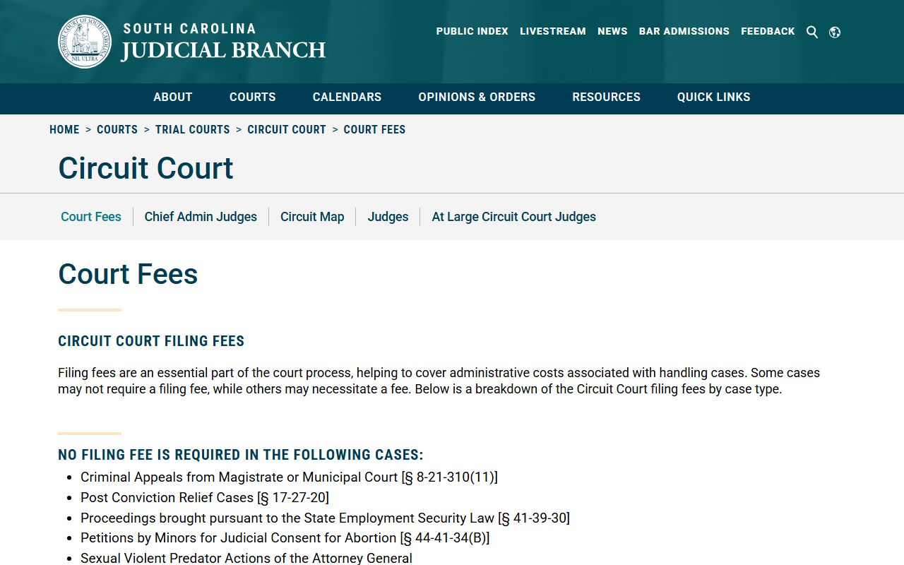 South Carolina Circuit Court filing fees and fee schedule page