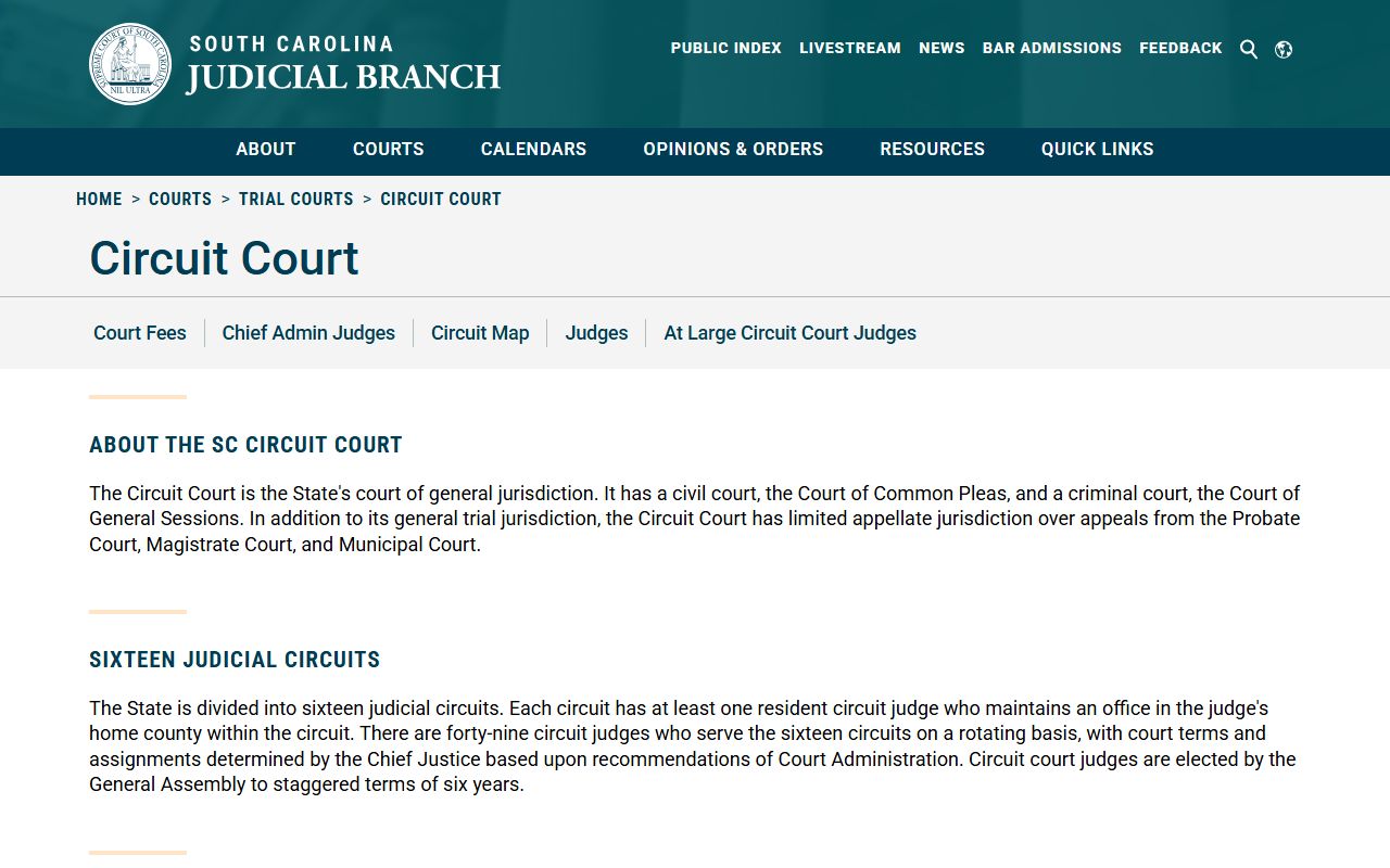 South Carolina Circuit Court system overview with 16 judicial circuits