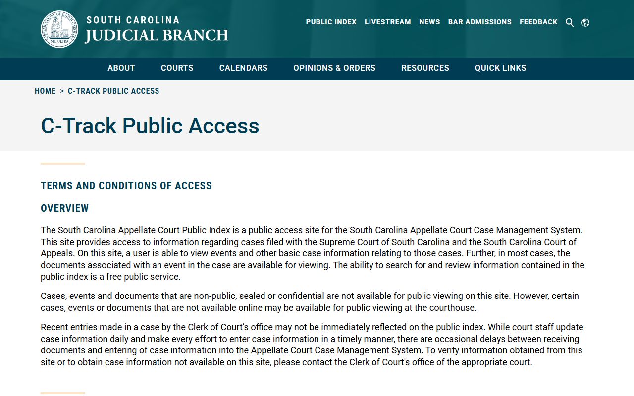 South Carolina C-Track appellate court records public access system