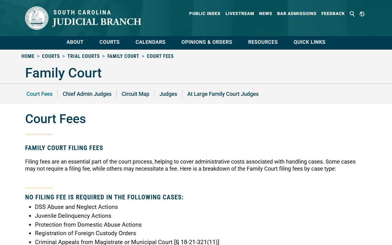 South Carolina Family Court filing fees schedule for records access