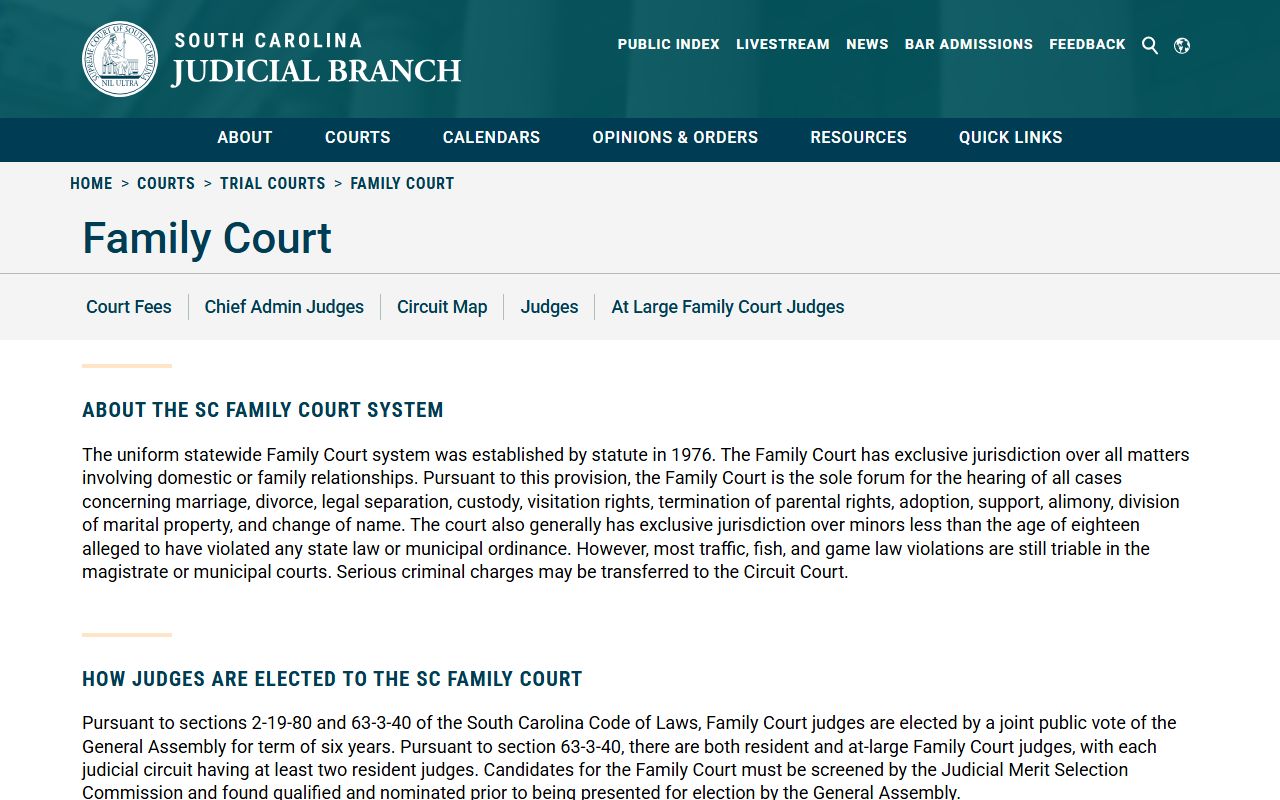 South Carolina Family Court system overview page for court records