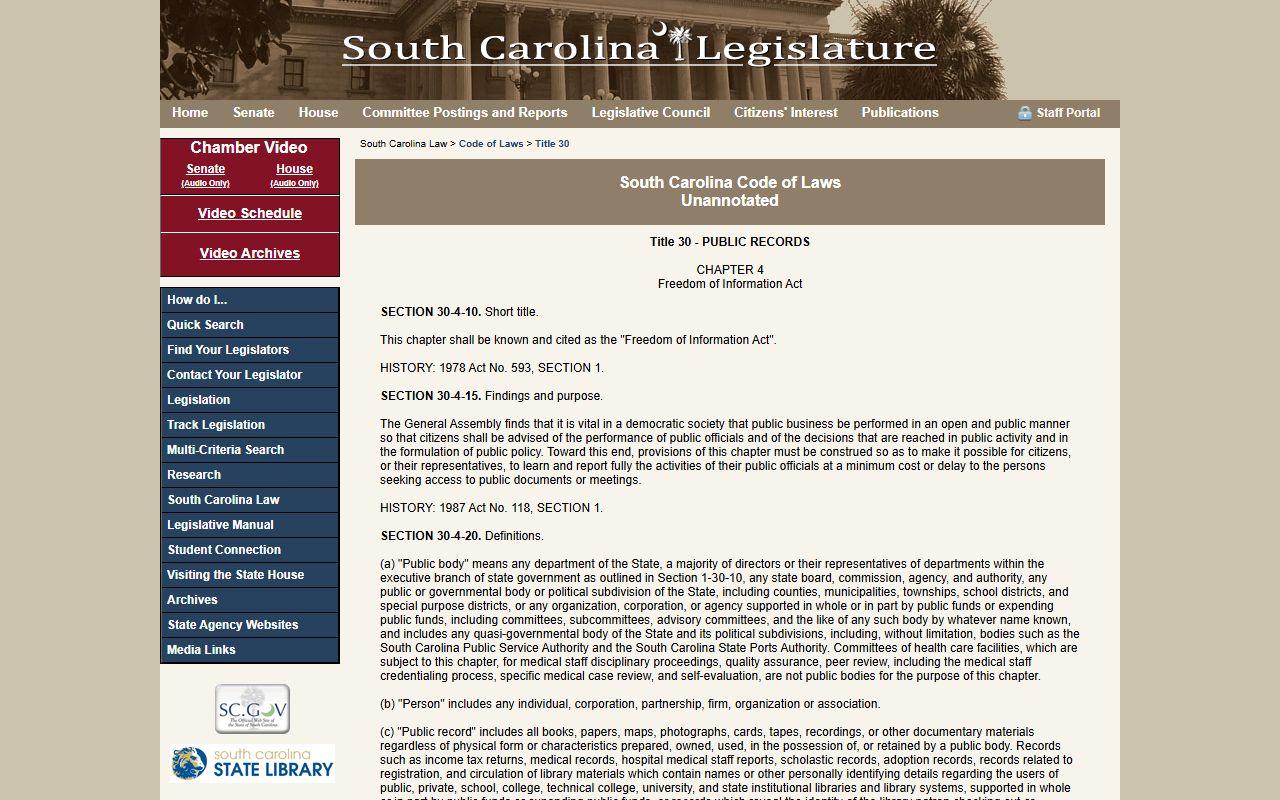 South Carolina Freedom of Information Act statute page for public records requests
