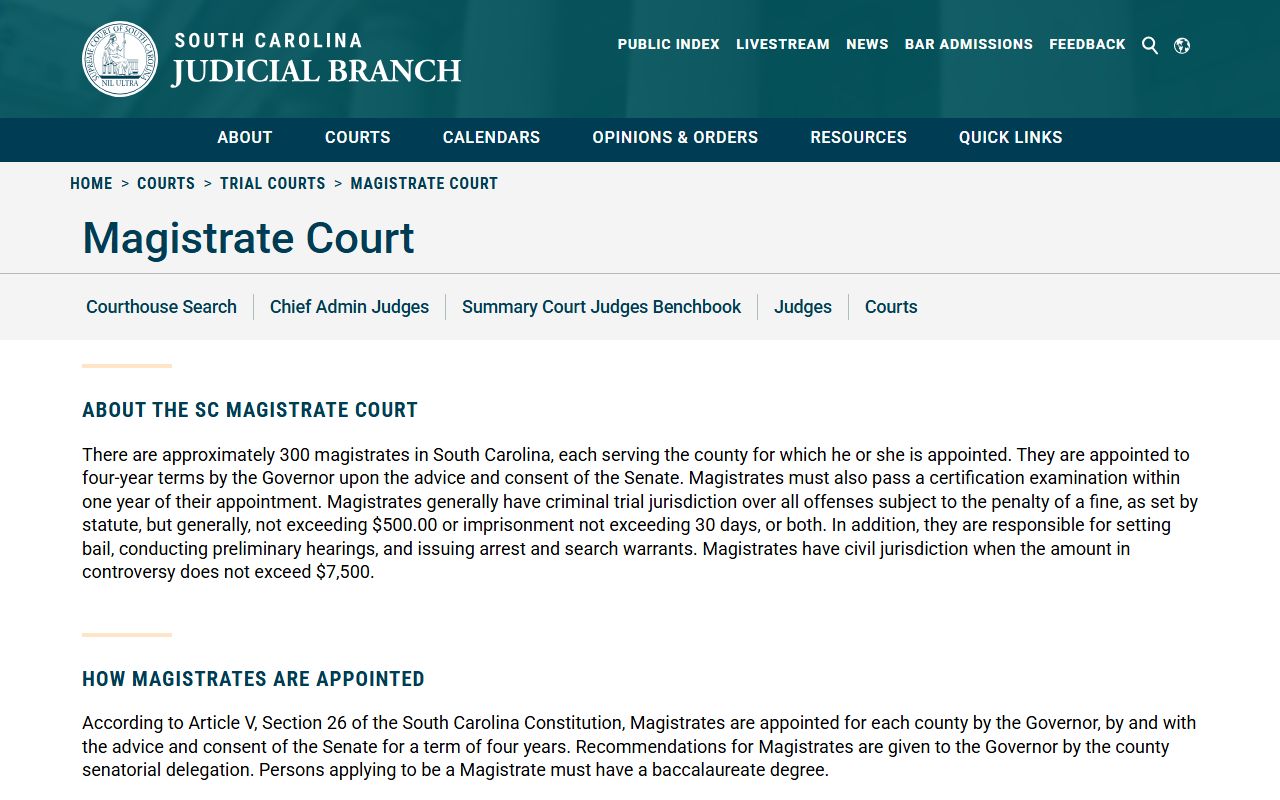 South Carolina Magistrate Court system overview for court records access