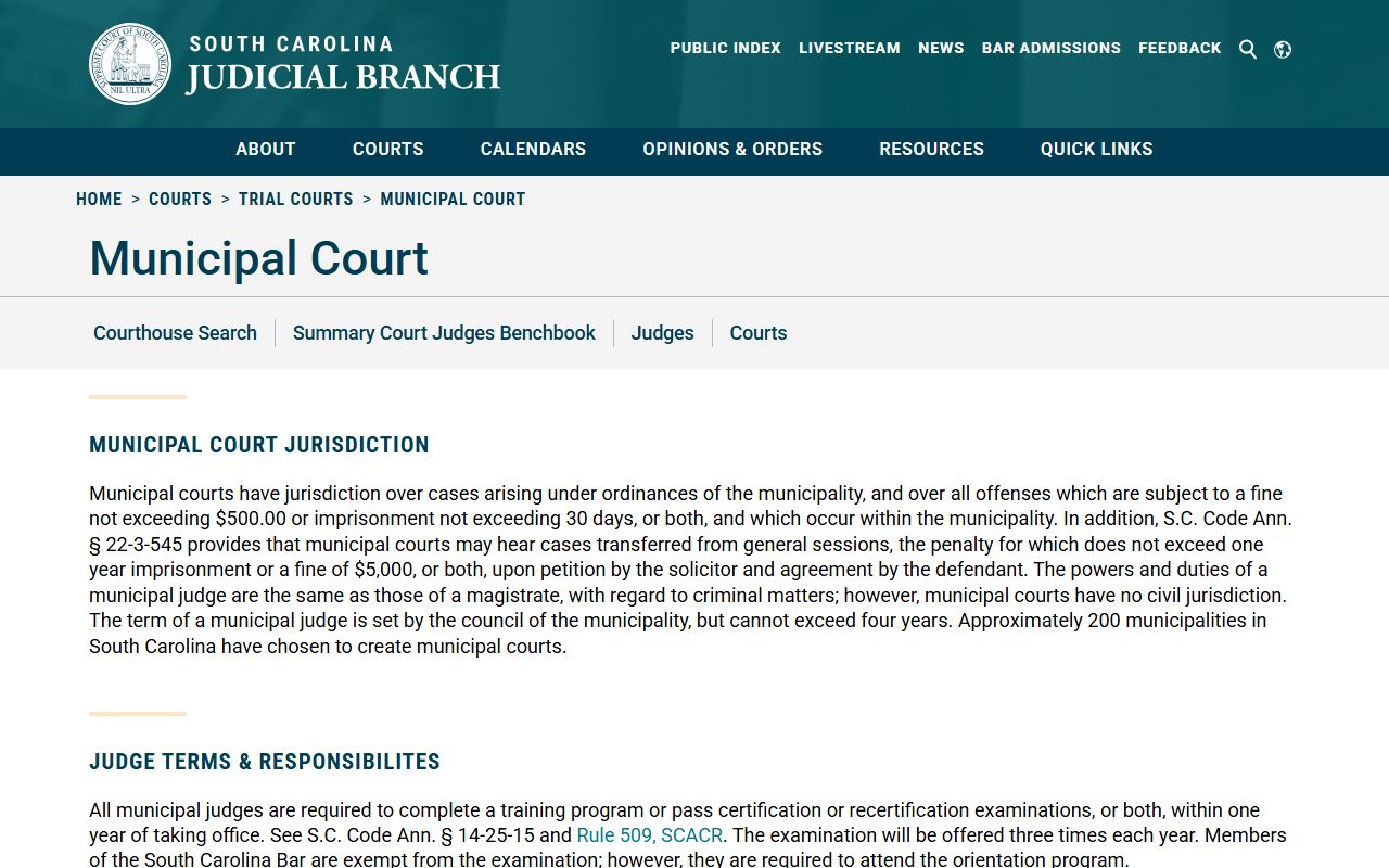 South Carolina Municipal Court system overview and court records